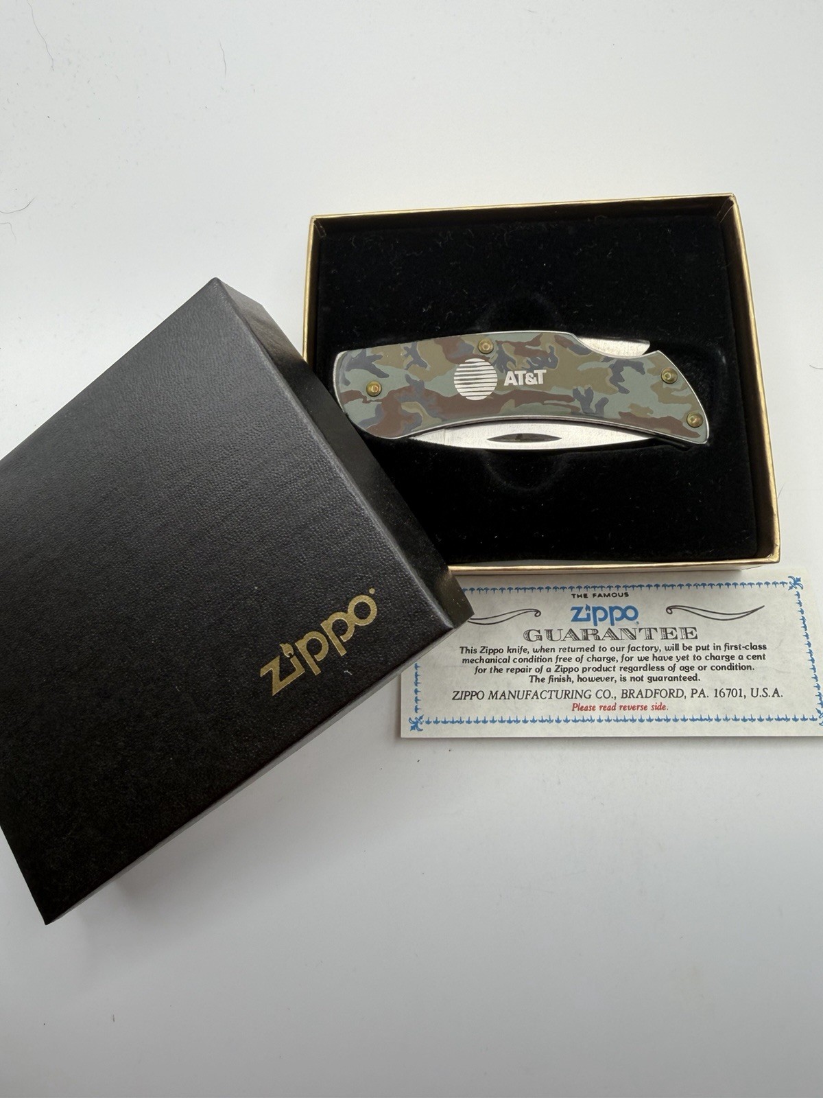 Vintage AT&T Logo Advertising Stainless Camo Zippo Pocket Knife New B24 Vintage AT&T Logo Advertising Stainless Camo Zippo Pocket Knife New B24