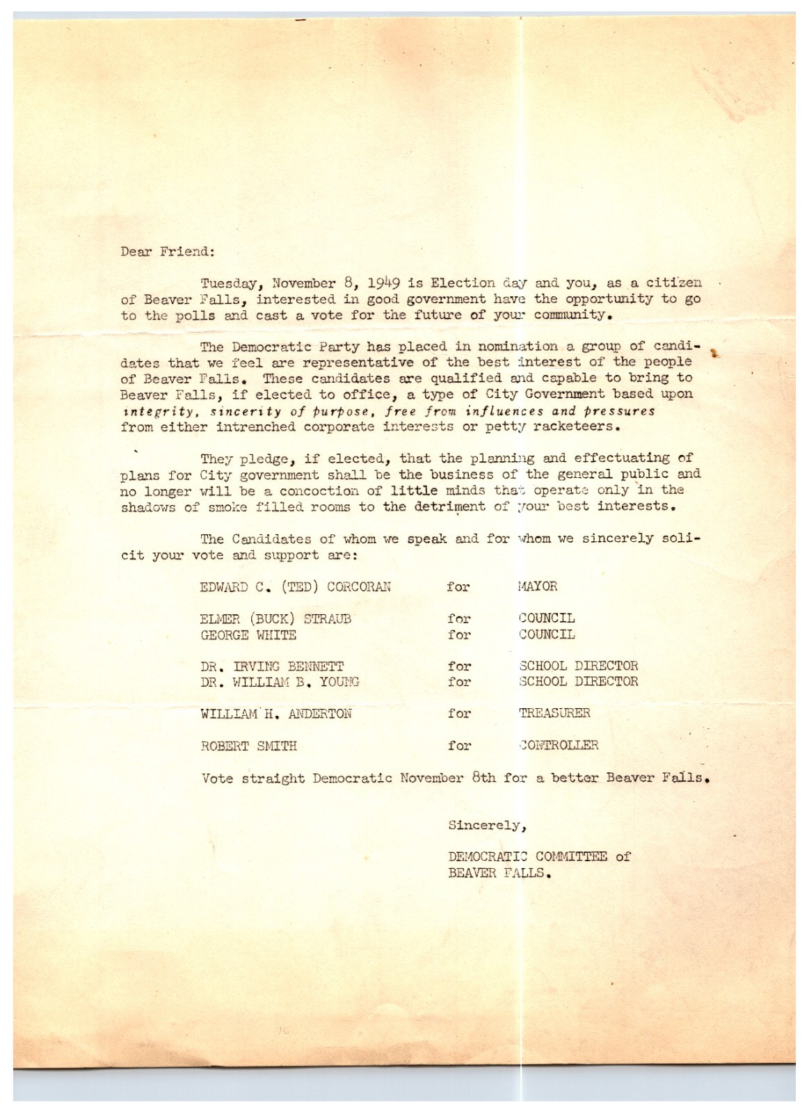 Original 1949 - Letter From Republican Candidates of Beaver Falls, Pennsylvania Original 1949 - Letter From Republican Candidates of Beaver Falls, Pennsylvania