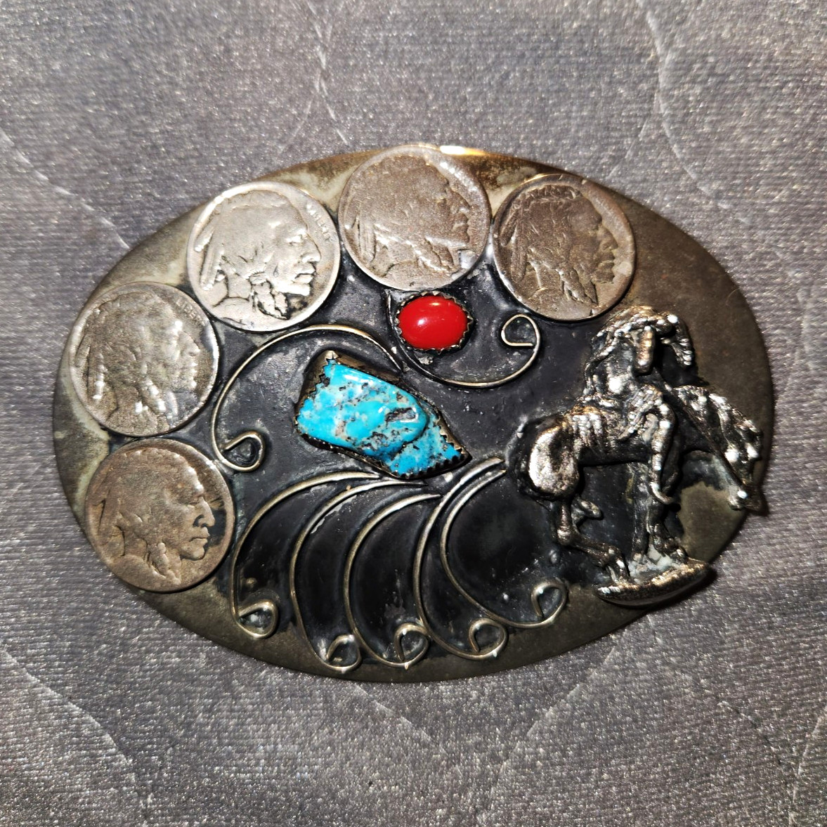 Western Americana Oval Belt Buckle Bronc Rider Coin Accents Turquoise-Color Western Americana Oval Belt Buckle Bronc Rider Coin Accents Turquoise-Color