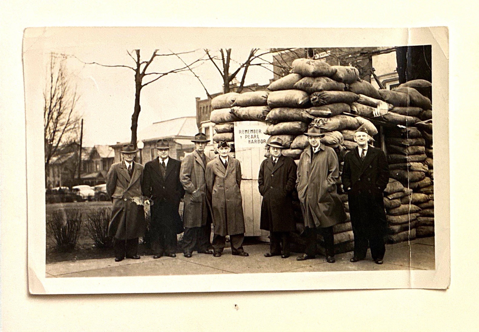 Vintage 1943 Wheeling WV B&W WWII Photograph Men by Sandbags Handwritten Notes Vintage 1943 Wheeling WV B&W WWII Photograph Men by Sandbags Handwritten Notes