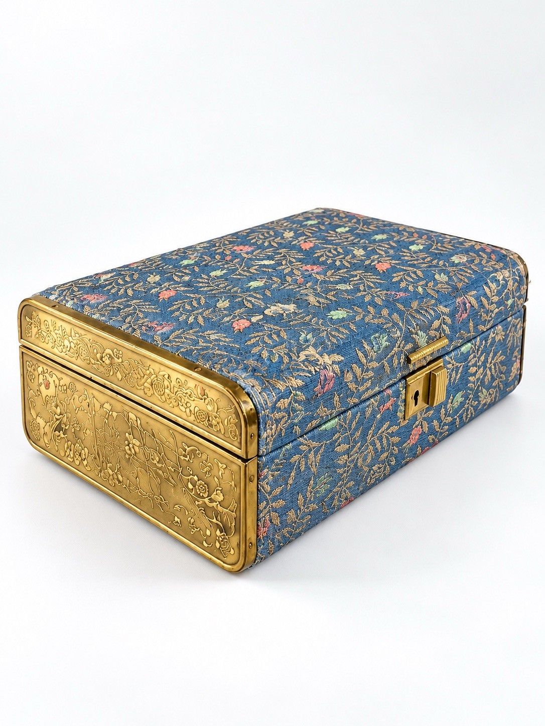 vintage mid century asian brass and silk jewlery box vintage mid century asian brass and silk jewlery box