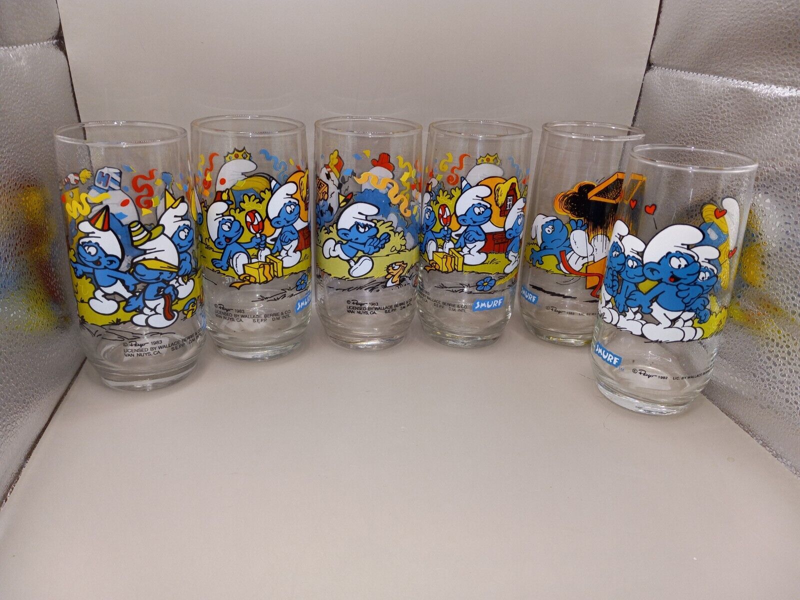 Vintage Smurf Glasses Lot Of 6 Peyo 1982 & 1983