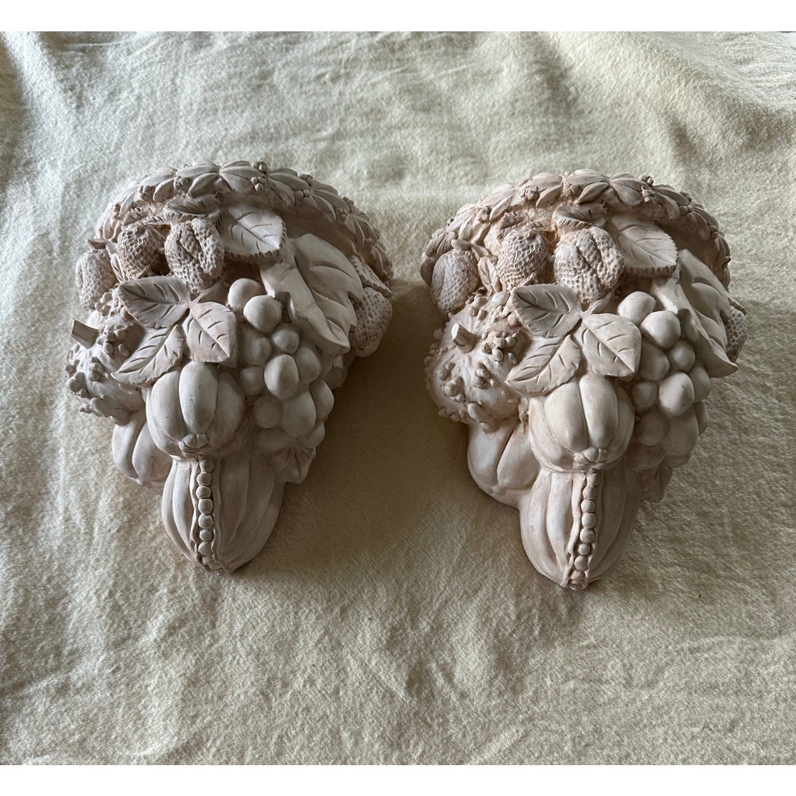 Vintage Wall Plaques set 2 Pocket Vases fruits cream neutral decor Pair Sconces Vintage Wall Plaques set 2 Pocket Vases fruits cream neutral decor Pair Sconces