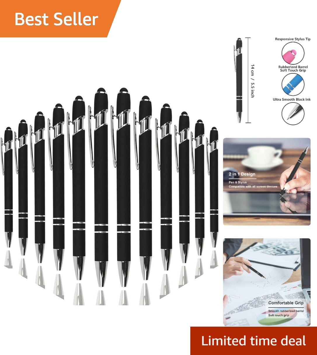 Stylish 12 Count Ballpoint Pen Set - Soft Touch Design, Retractable, Black Ink