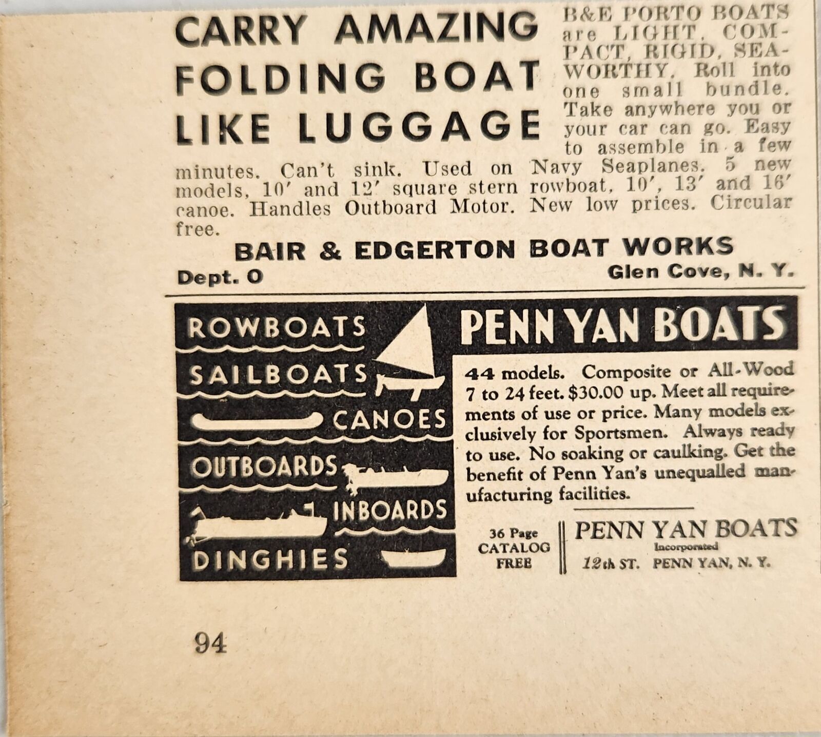 1937 Print Ad Penn Yan Boats Canoes,Sailboats,Outboard Penn Yan,New York
