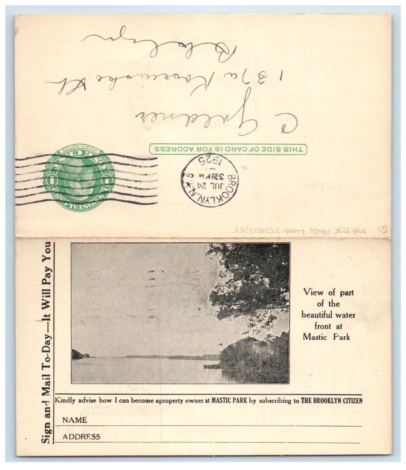 1925 New Summer Resort Mastic Park Long Island NY Advertising Fold Out Postcard