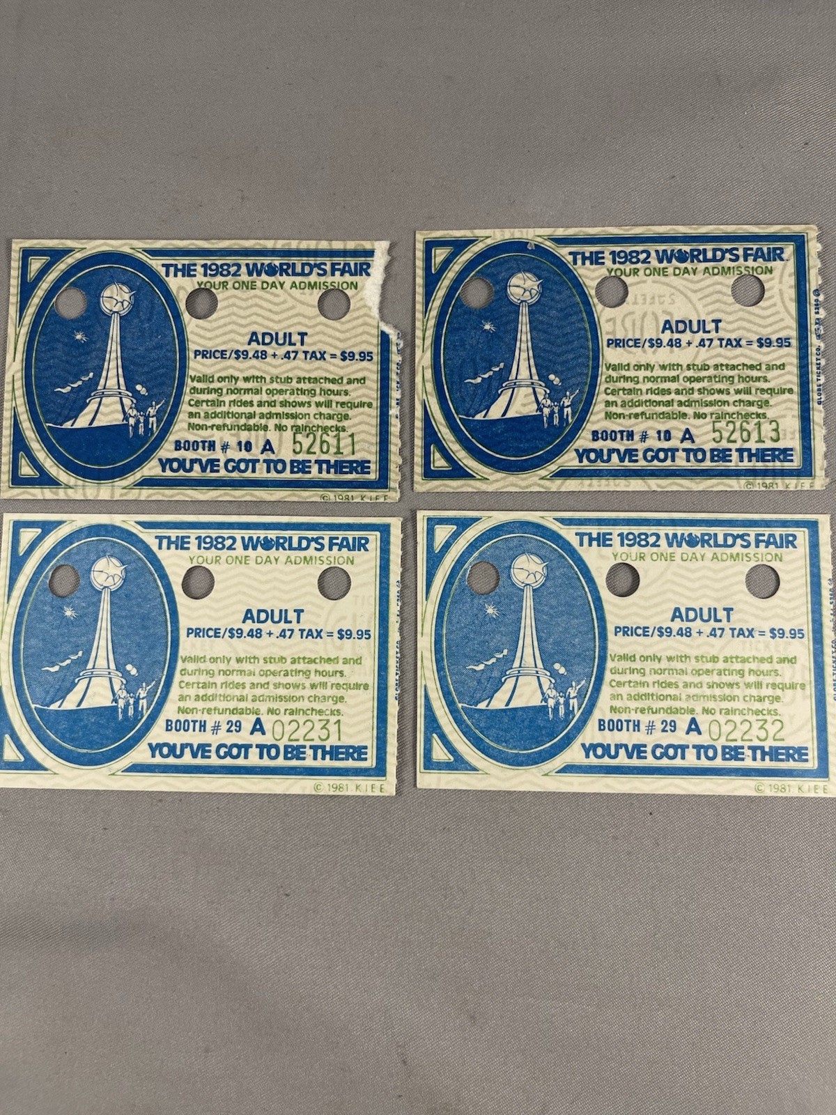 (4) Vintage 1982 World\'s Fair Ticket Stubs Knoxville Tennessee (4) Vintage 1982 World\'s Fair Ticket Stubs Knoxville Tennessee
