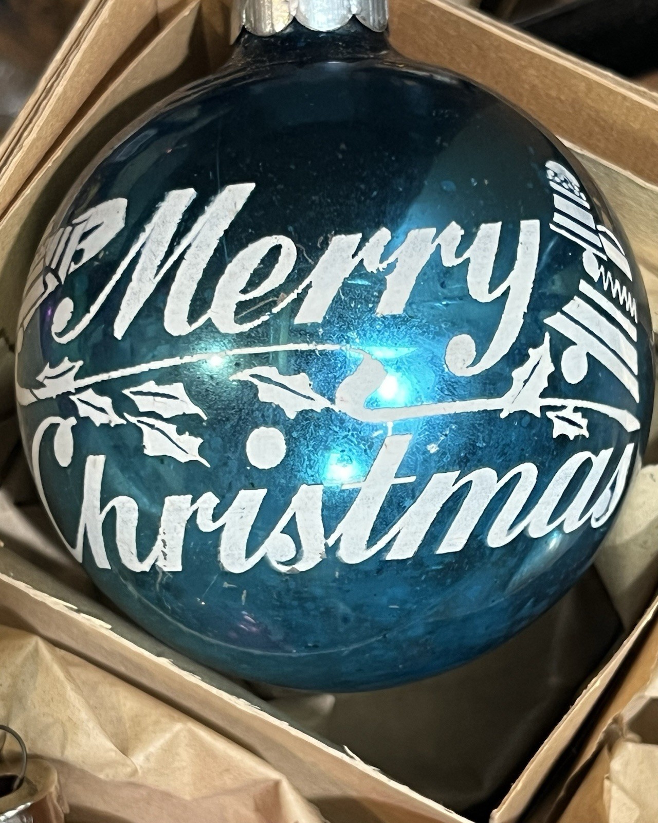 Vintage Franke Shiny Brite Blue Glass Bells Holly Merry Christmas Ornament