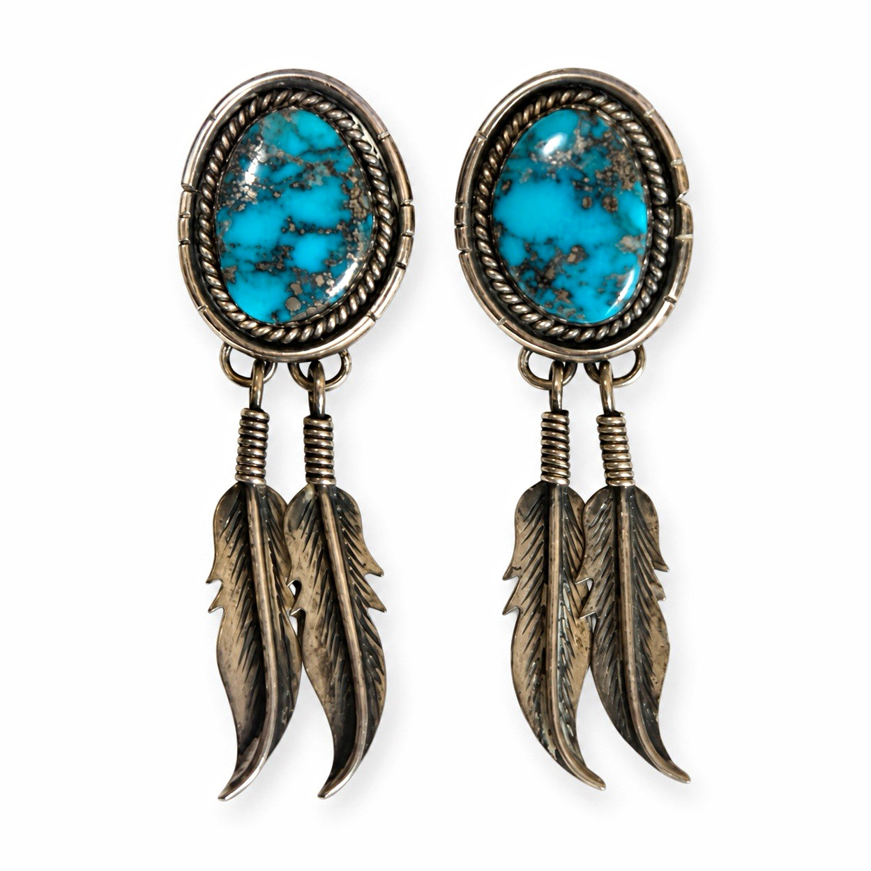 Vintage Sterling Silver Turquoise Oval Feather Dangle Earrings -Stamped STERLING Vintage Sterling Silver Turquoise Oval Feather Dangle Earrings -Stamped STERLING