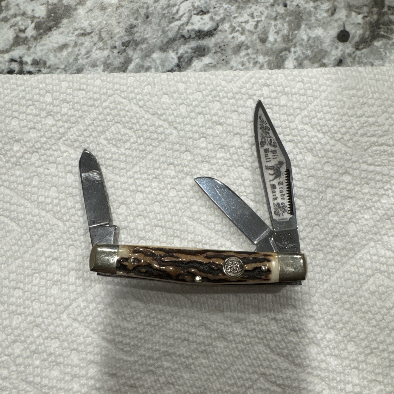 1996 BULLDOG BRAND 3 Blade STAG STOCKMAN KNIFE 1996 BULLDOG BRAND 3 Blade STAG STOCKMAN KNIFE
