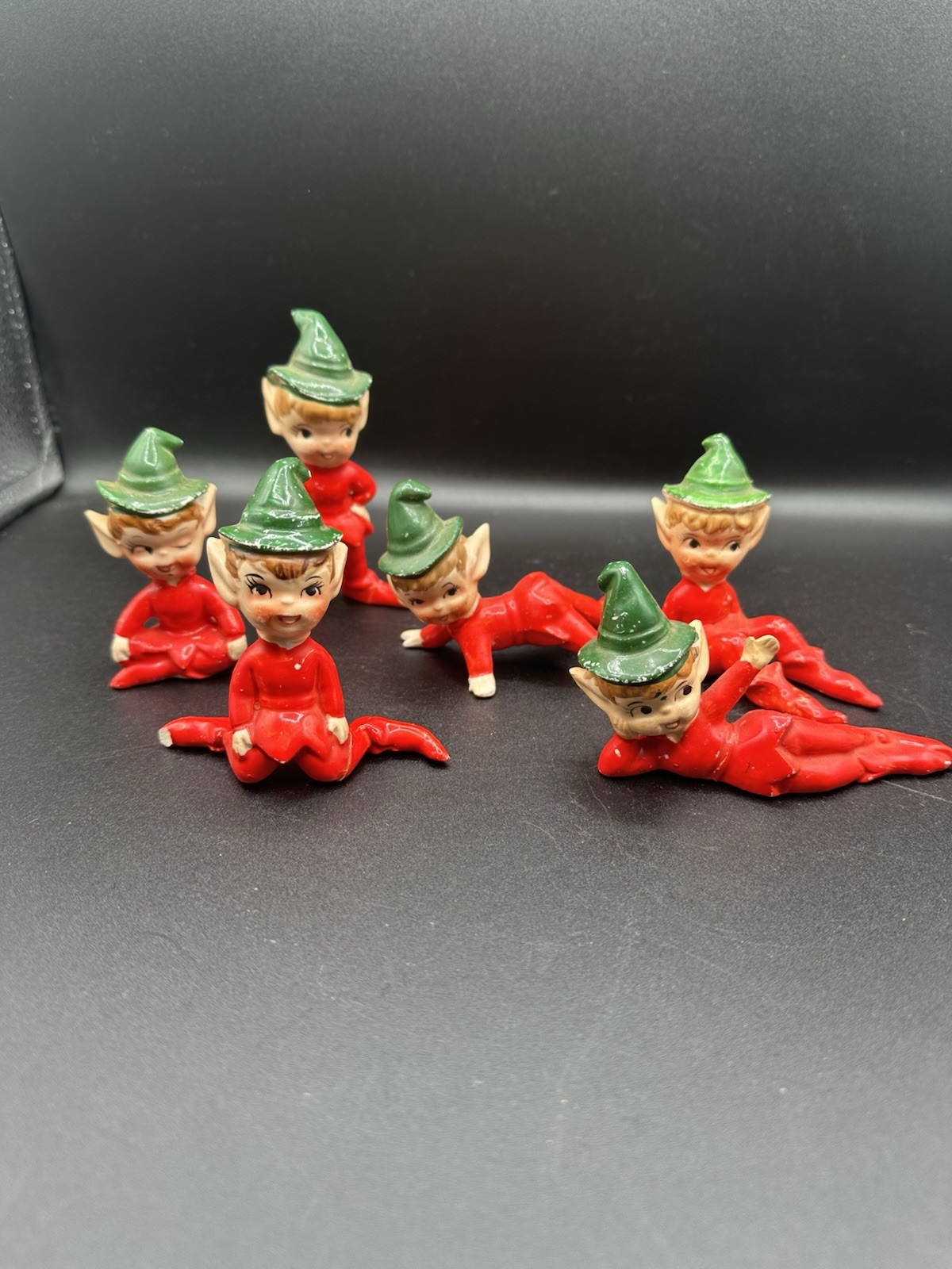 6 Vintage Mid Century Artmark Christmas Pixie Elf Ceramic Figurine Green Red 3 6 Vintage Mid Century Artmark Christmas Pixie Elf Ceramic Figurine Green Red 3