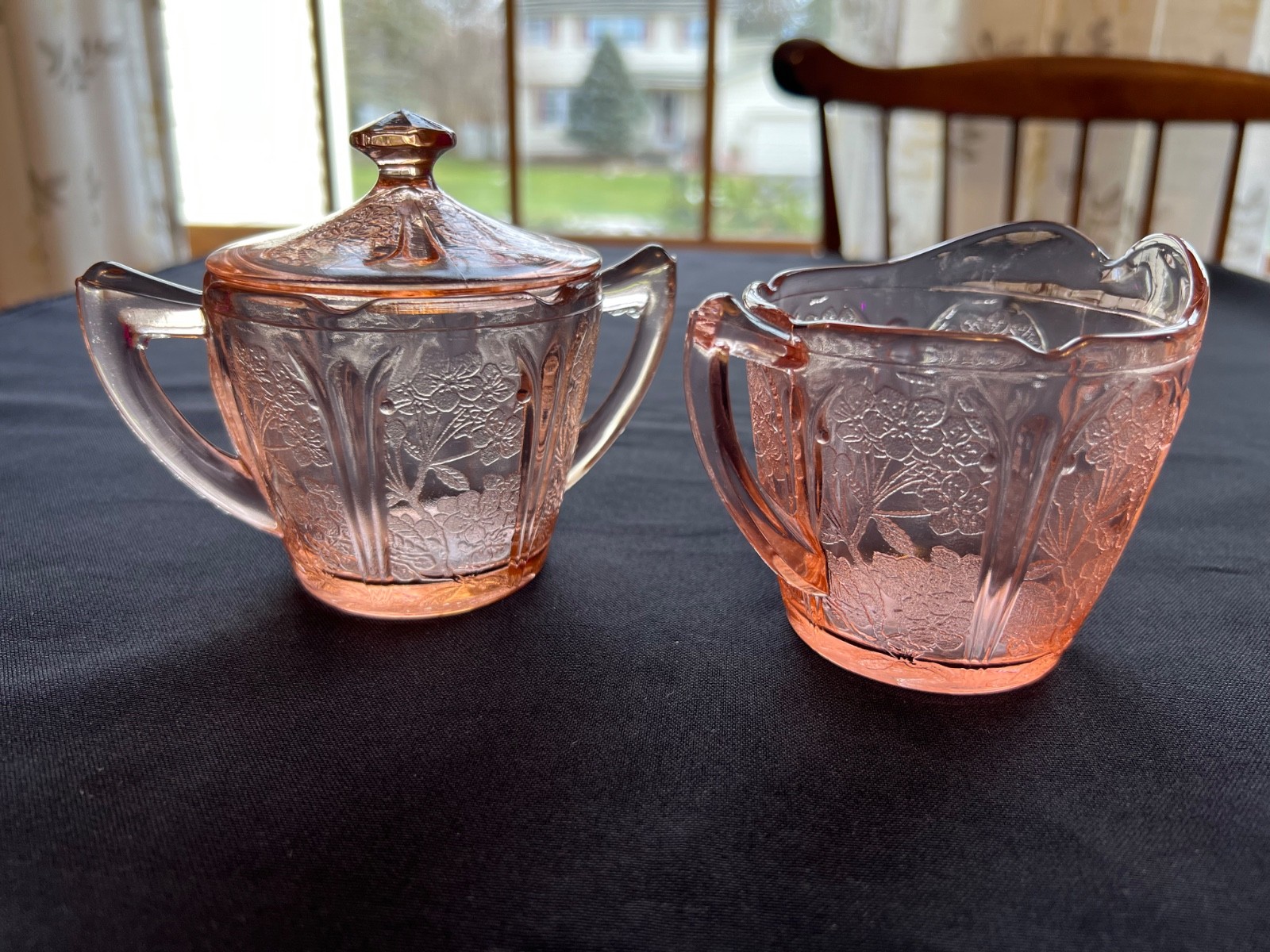 Vintage Jeannette-Cherry Blossom-Pink Depression Creamer & Lidded Sugar Bowl..A1 Vintage Jeannette-Cherry Blossom-Pink Depression Creamer & Lidded Sugar Bowl..A1