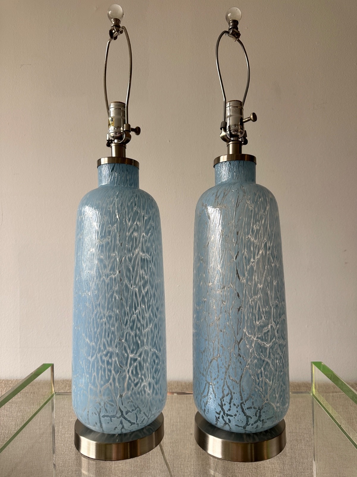 Pair Vintage Blue Textured Art Glass Table Lamps 27 Pair Vintage Blue Textured Art Glass Table Lamps 27