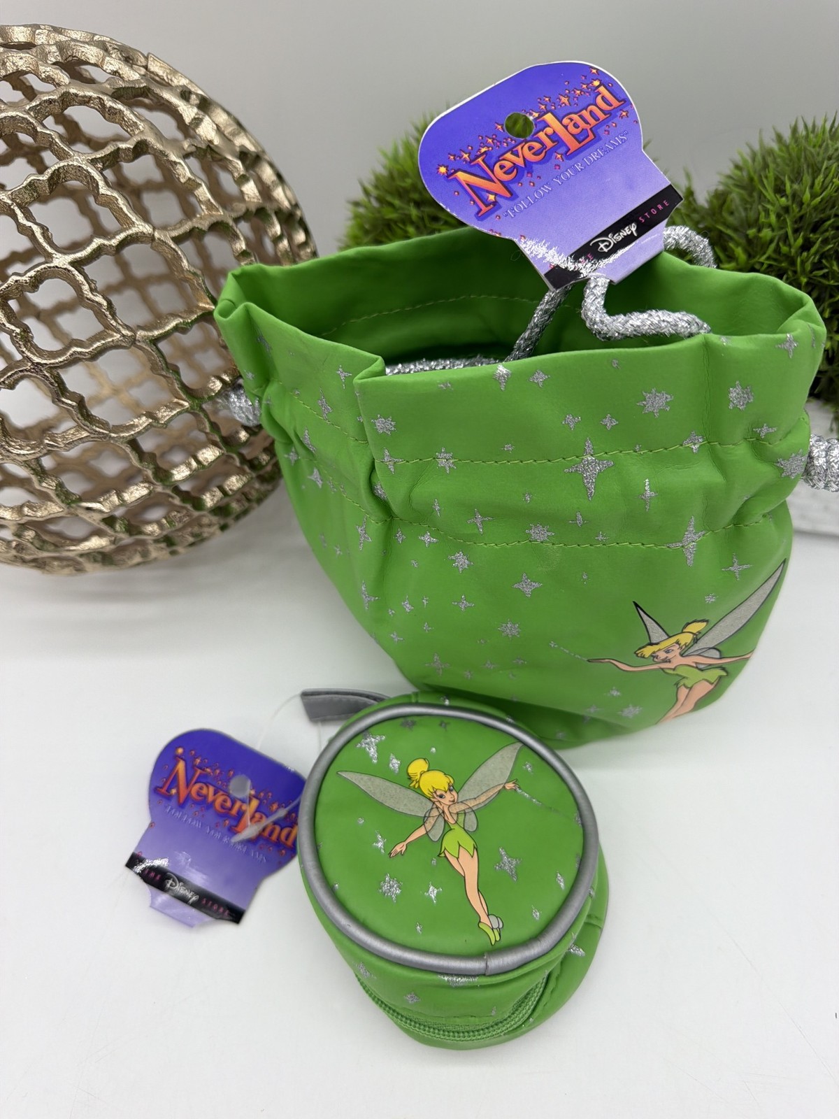 Disney Store Neverland Tinker Bell Green Drawstring Bag Coin Purse Set NWT Disney Store Neverland Tinker Bell Green Drawstring Bag Coin Purse Set NWT
