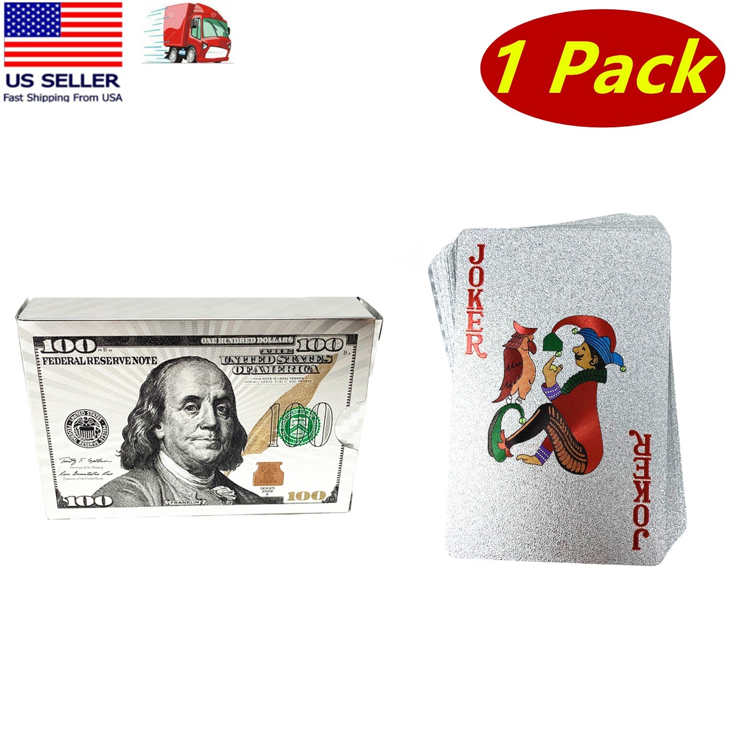 1 Standard Deck of Silver Foil Plastic Poker Cards, Waterproof Playing Cards