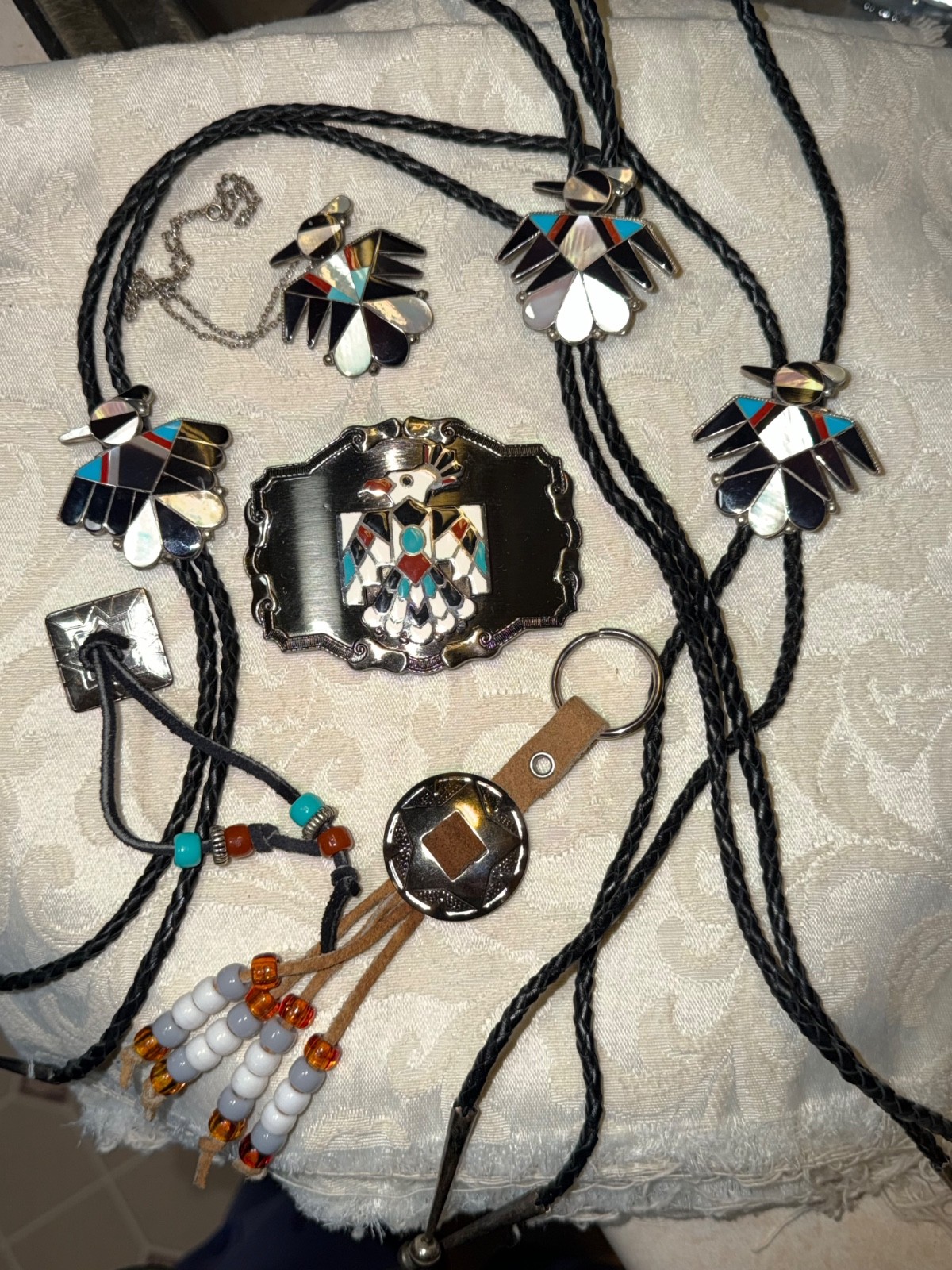 Vintage 1970s Southwestern Thunderbird Western 7-Pc Lot - Buckle, 3 Bolos, Fobs Vintage 1970s Southwestern Thunderbird Western 7-Pc Lot - Buckle, 3 Bolos, Fobs