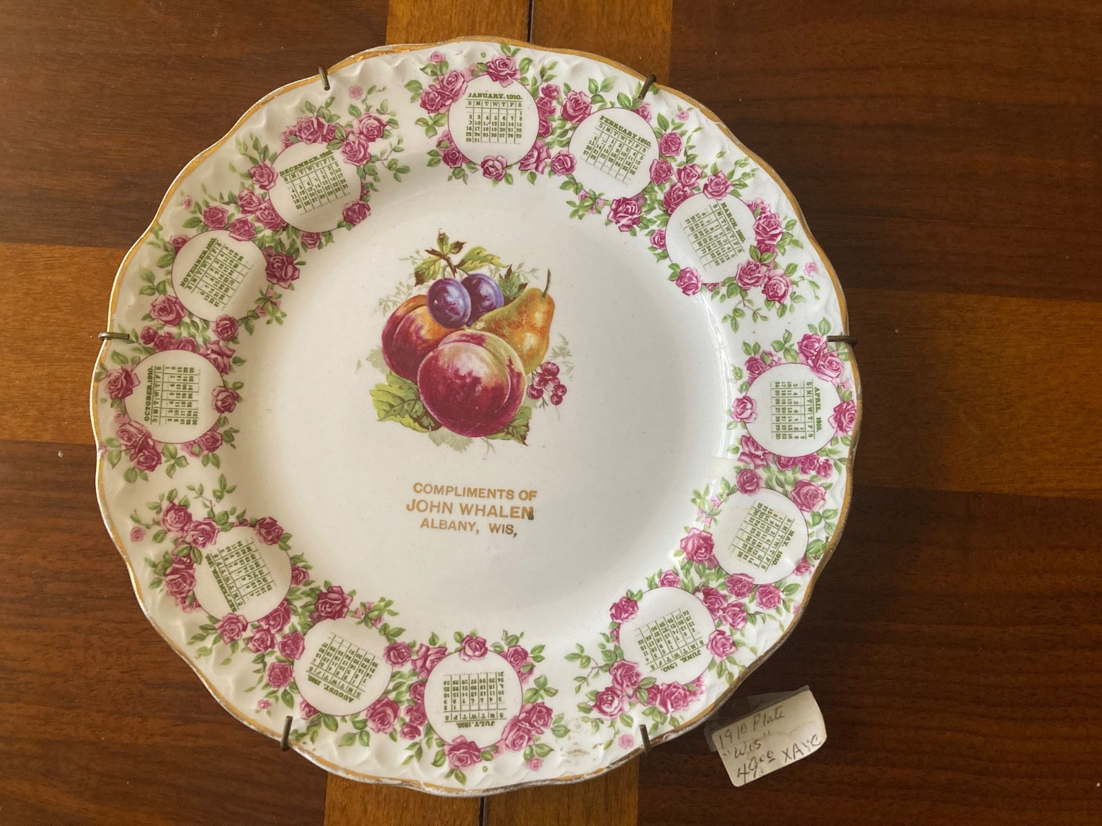 Antique McNicol Carnation 1910 John Whalen Albany Wis. Calendar Plate Antique McNicol Carnation 1910 John Whalen Albany Wis. Calendar Plate