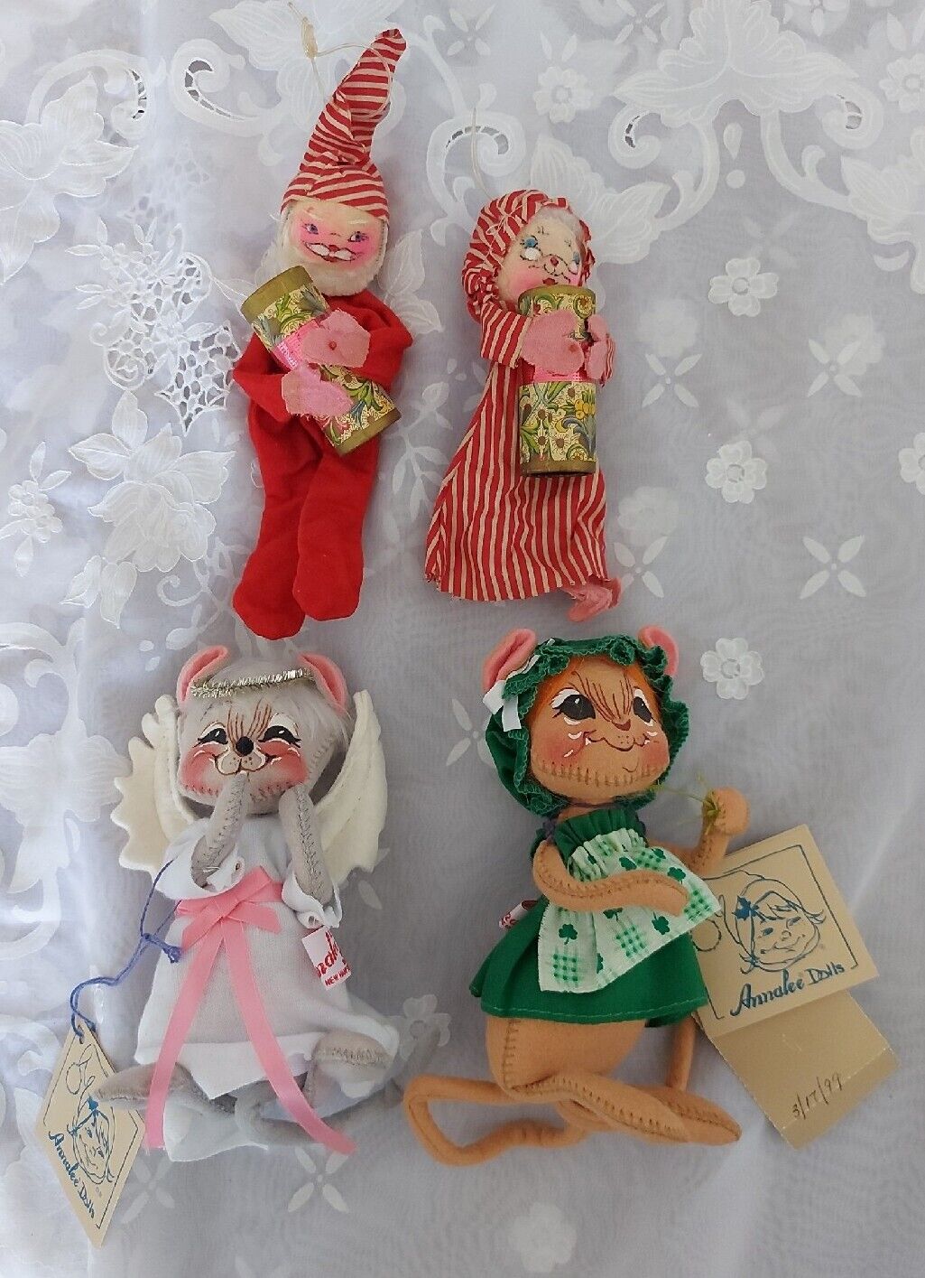 4 VINTAGE ANNALEE DOLLS, 50s Christmas, 90s Christmas and 90s St Patrick