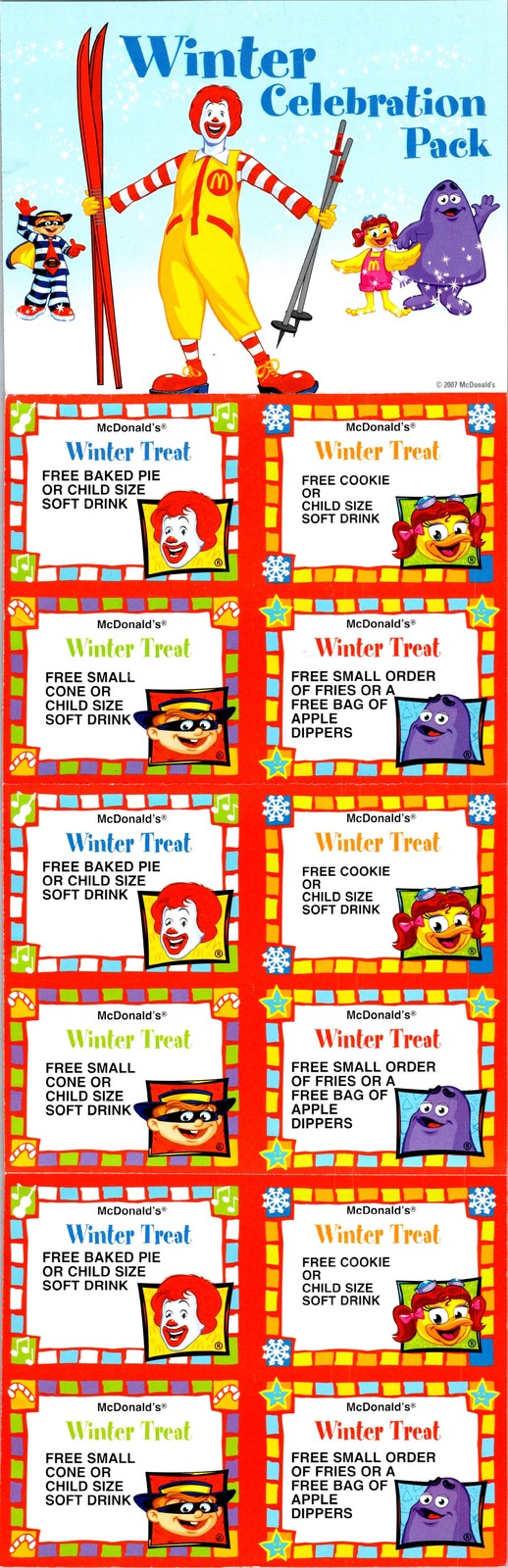 2007 McDonald's Winter Celebration Pack Coupon Sheet Ronald Hamburglar Grimace