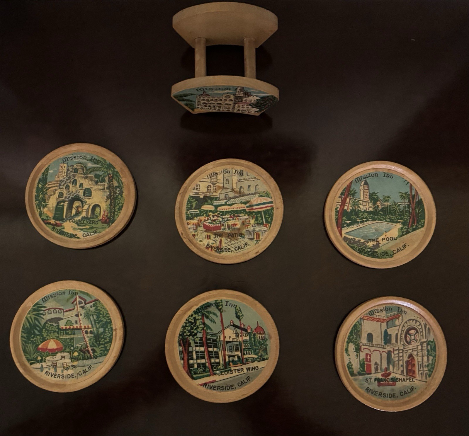 Vintage Mission Inn Riverside CA Wood Coaster Set Holder California Souvenir Vintage Mission Inn Riverside CA Wood Coaster Set Holder California Souvenir