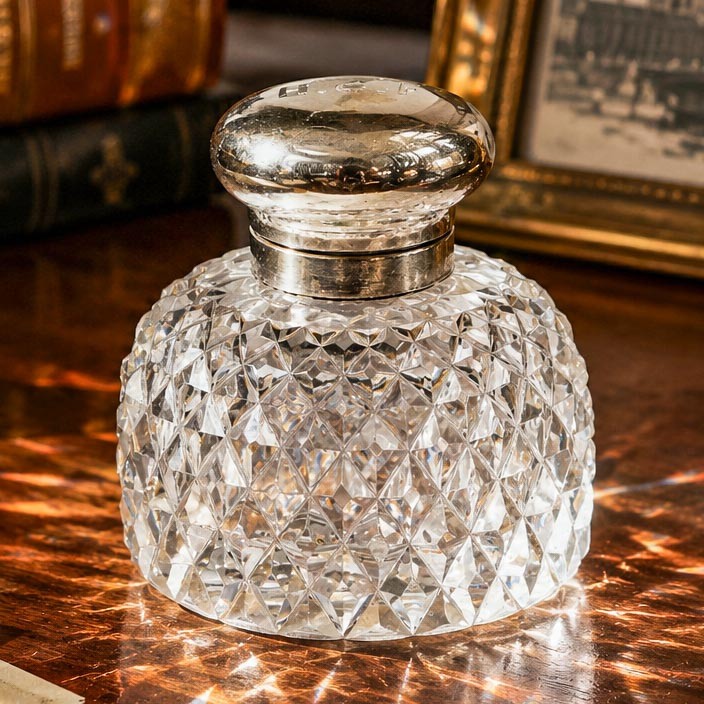 Nice Large Mappin & Webb Antique Sterling Silver Cut Crystal Desk Inkwell Nice Large Mappin & Webb Antique Sterling Silver Cut Crystal Desk Inkwell