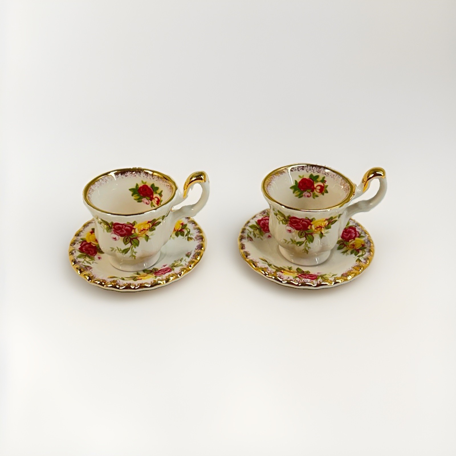 Vintage Miniature Porcelain Tea Cups & Saucers Set of 2 Floral Roses Gold Trim