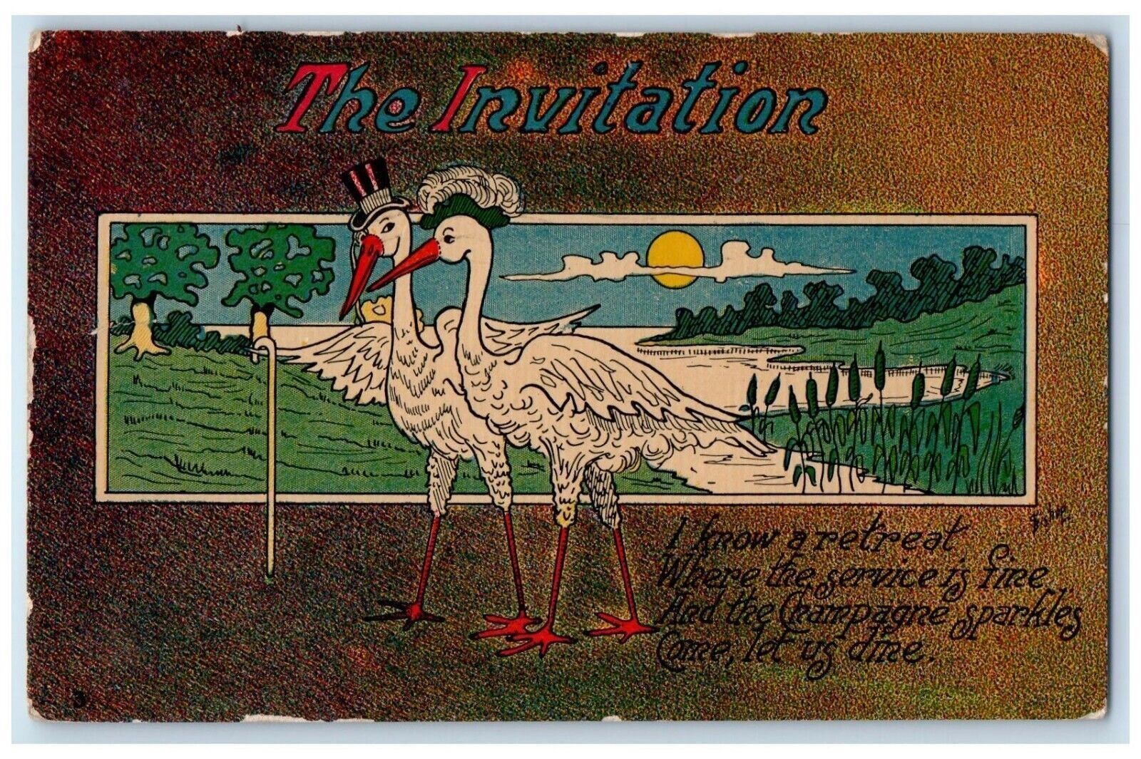c1910\'s Anthropomorphic Stork Retreat Sun And Trees Paxton Illinois IL Postcard