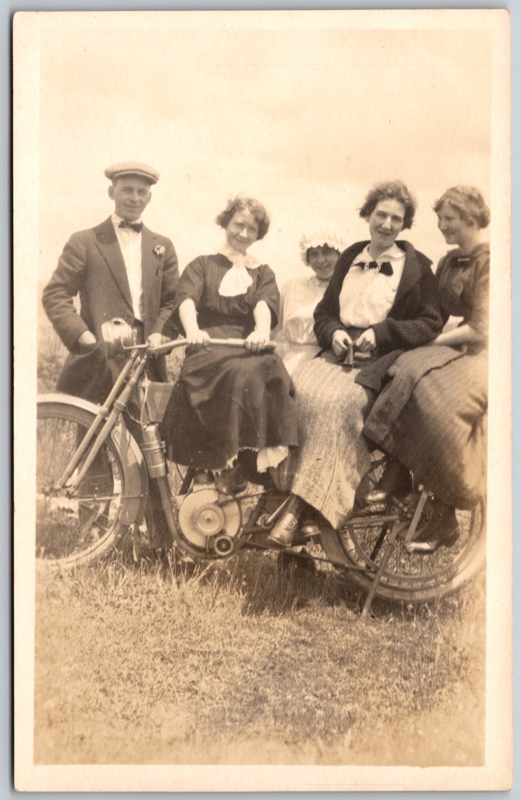 c1910 Group on Early Motorcycle Women Edwardian Dress ANTIQUE Postcard 10337 c1910 Group on Early Motorcycle Women Edwardian Dress ANTIQUE Postcard 10337