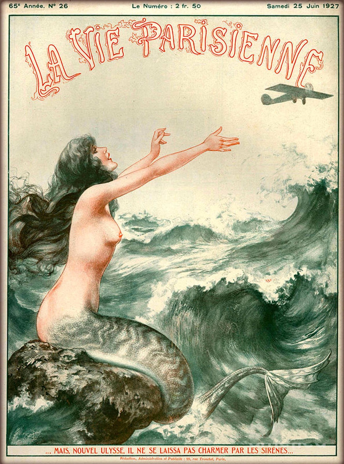 1927 La Vie Parisienne Mermaid and Airplane France Travel Advertisement Poster