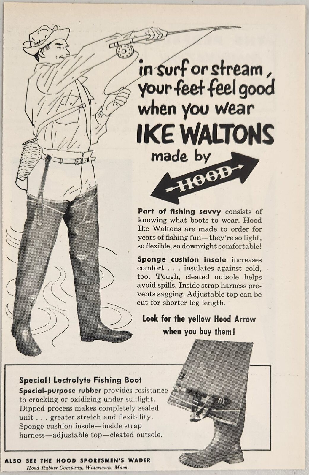 1952 Print Ad Ike Waltons Fishing Boots & Waders Hood Rubber Co. Watertown,MA