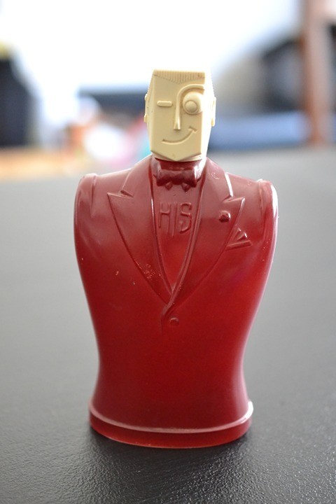 1940s Northwoods HIS Cologne Bottle, Art Deco Winking Man Figural Red Glass 1940s Northwoods HIS Cologne Bottle, Art Deco Winking Man Figural Red Glass