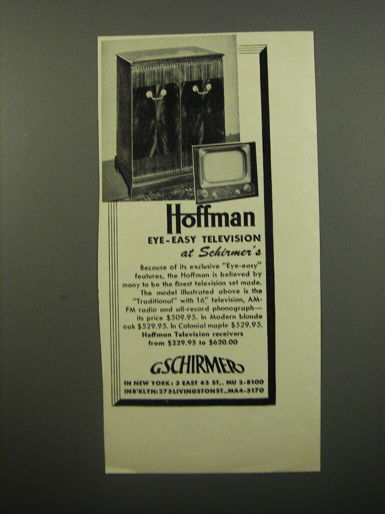 1950 G. Schirmer Traditional Television Ad - Hoffman eye-easy television