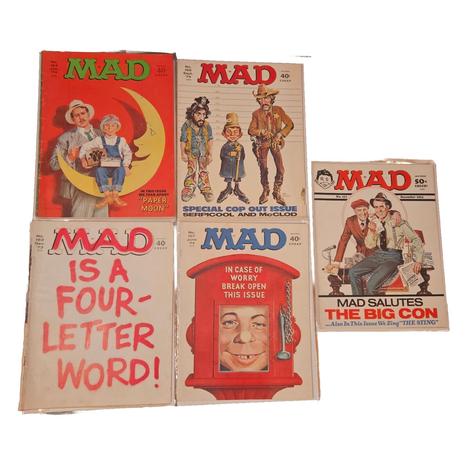 MAD Magazine 1973 74 Lot VTG Comics 163 164 167 169 171 no labels good fold-ins