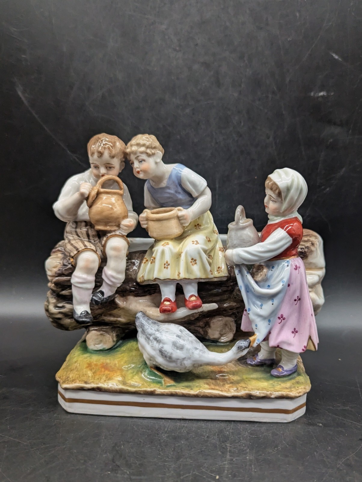 Antique Dressel Kister & Cei Porcelain Planter Figurine Children Goose 7.5\ Antique Dressel Kister & Cei Porcelain Planter Figurine Children Goose 7.5\