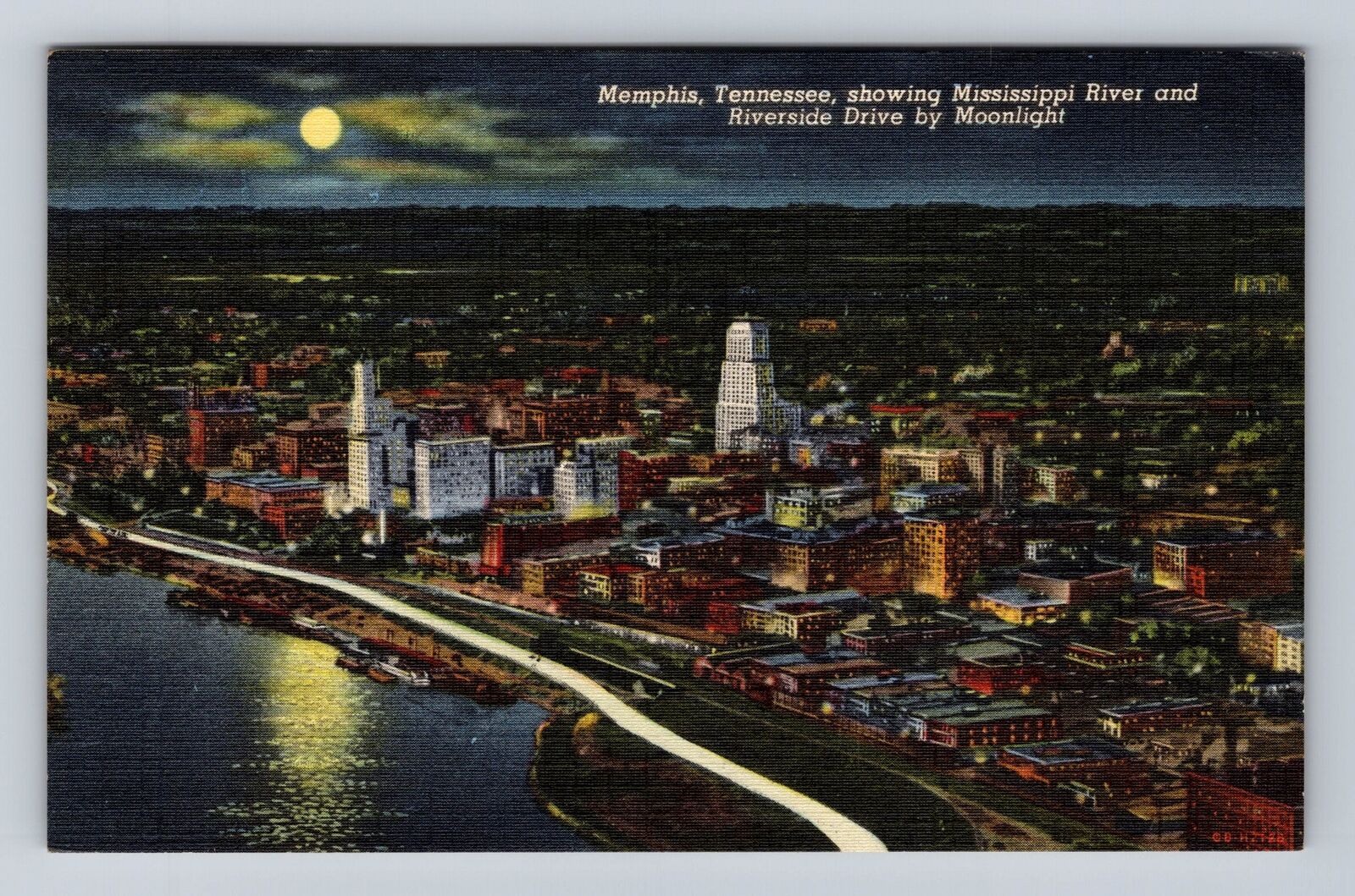 Memphis TN-Tennessee Mississippi River & Drive Moonlight, Vintage c1949 Postcard