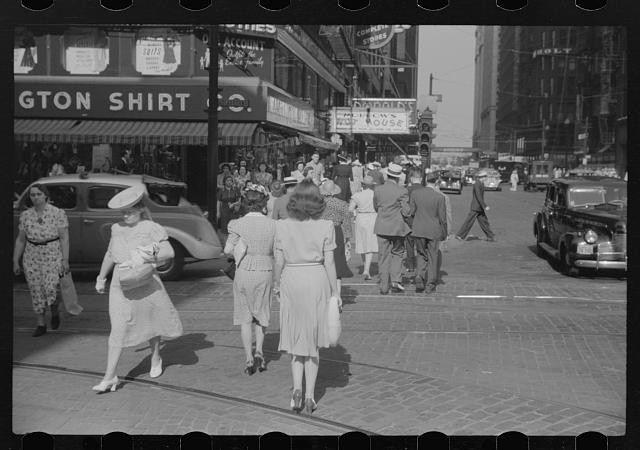 Photo:Downtown Street Scene 1930s Cars Pedestrians Storefronts