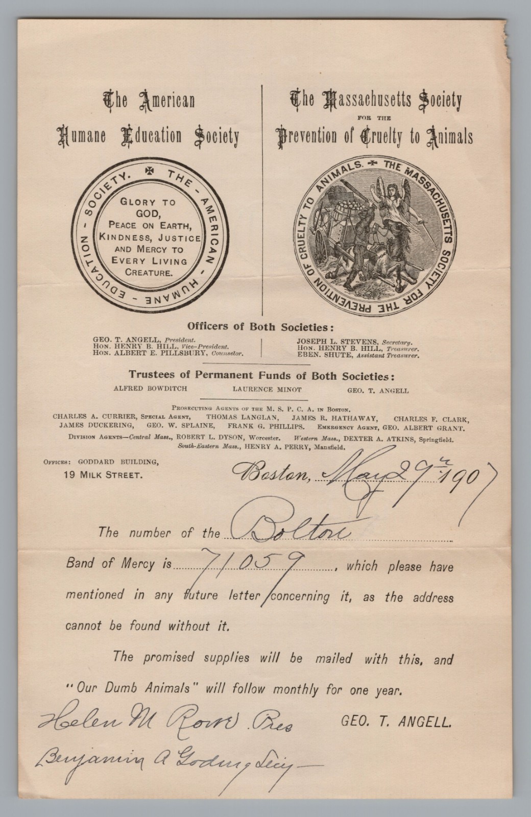 Rare 1907 MSPCA Band of Mercy Document Boston MA George Angell Animal Welfare