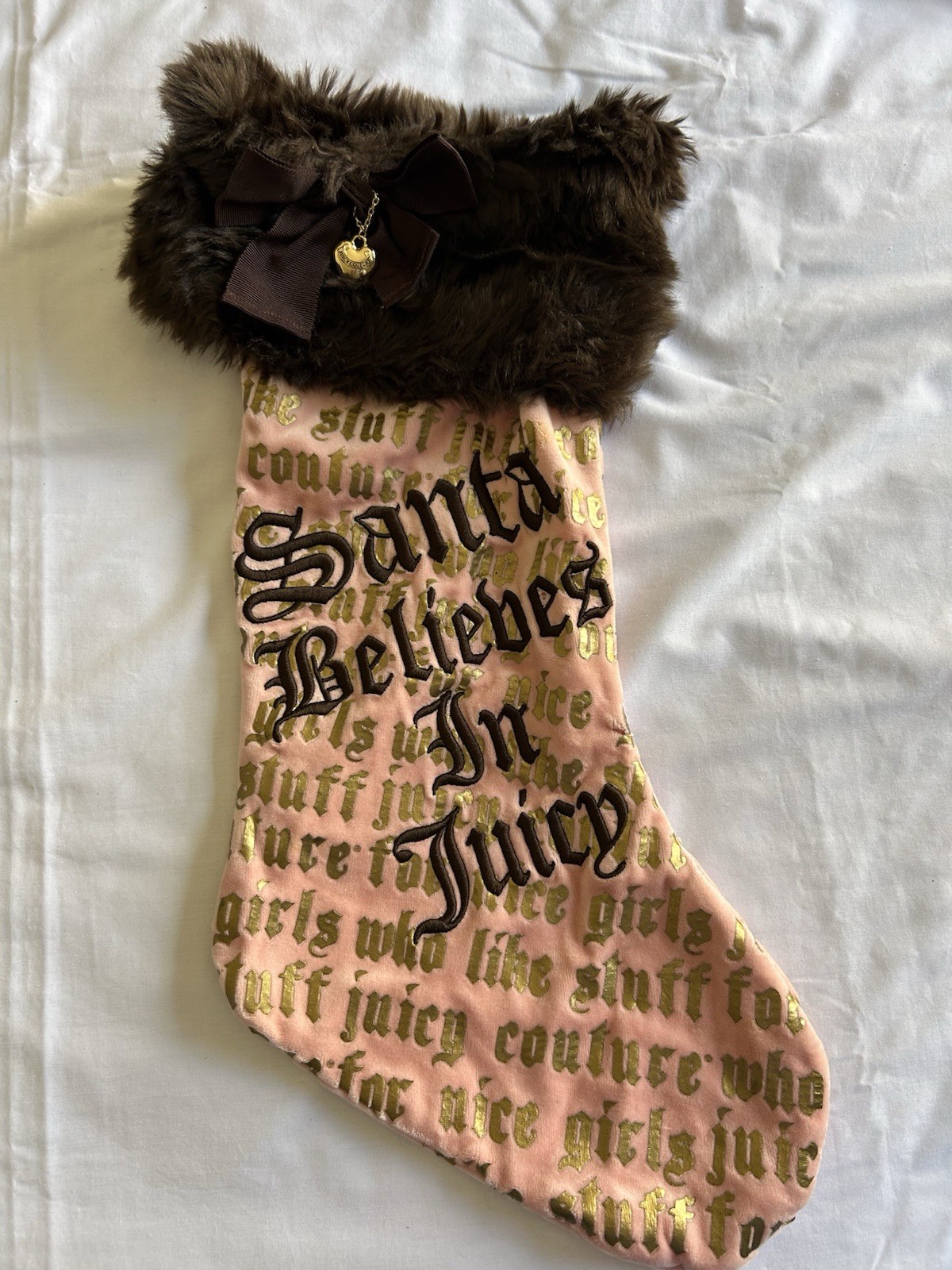 RARE Juicy Couture Santa Believes in Juicy Fur Brown Pink Christmas Stocking