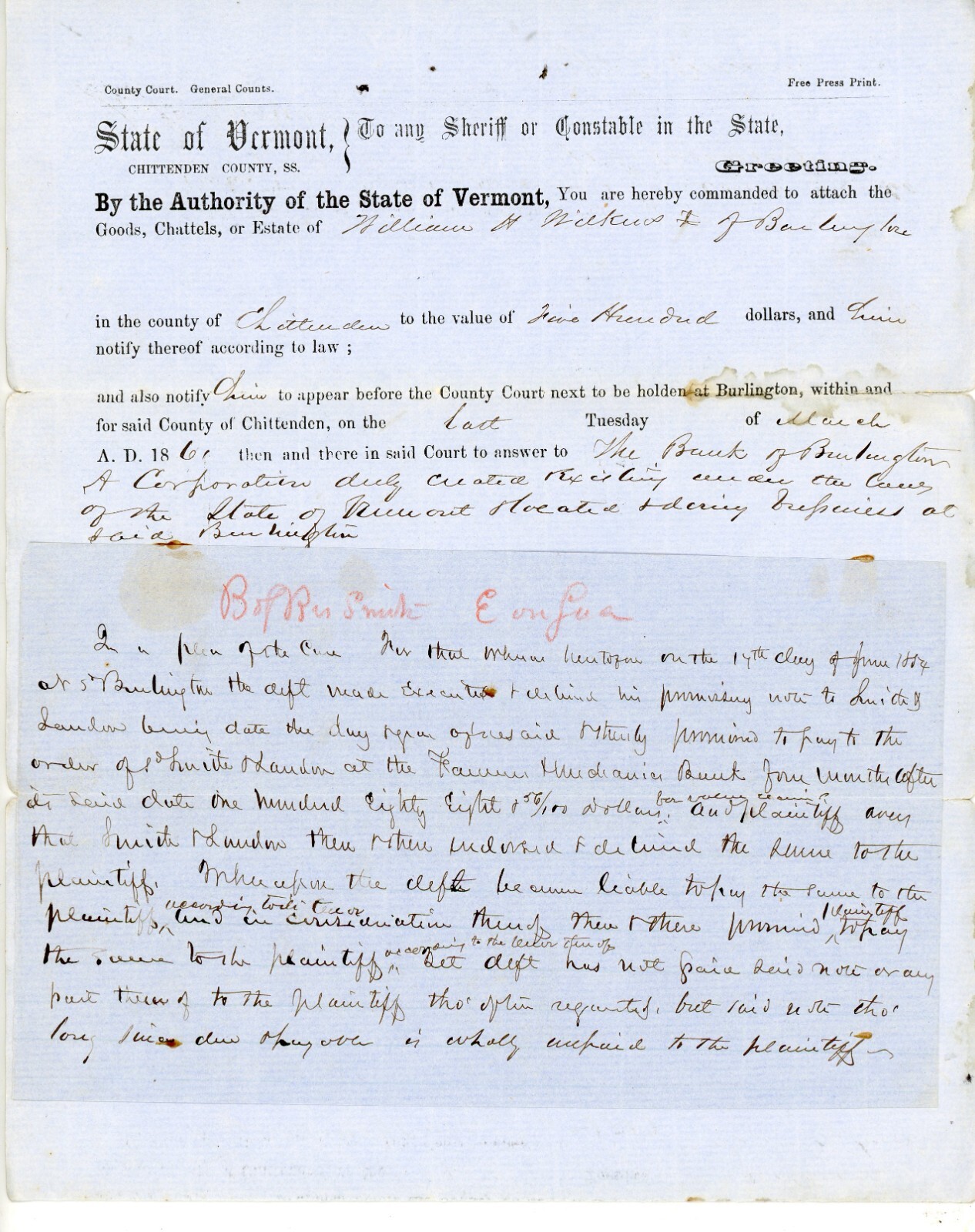 1860 Burlington VT Chittenden County Court Writ – Bank of Burlington vs. Wilkins 1860 Burlington VT Chittenden County Court Writ – Bank of Burlington vs. Wilkins