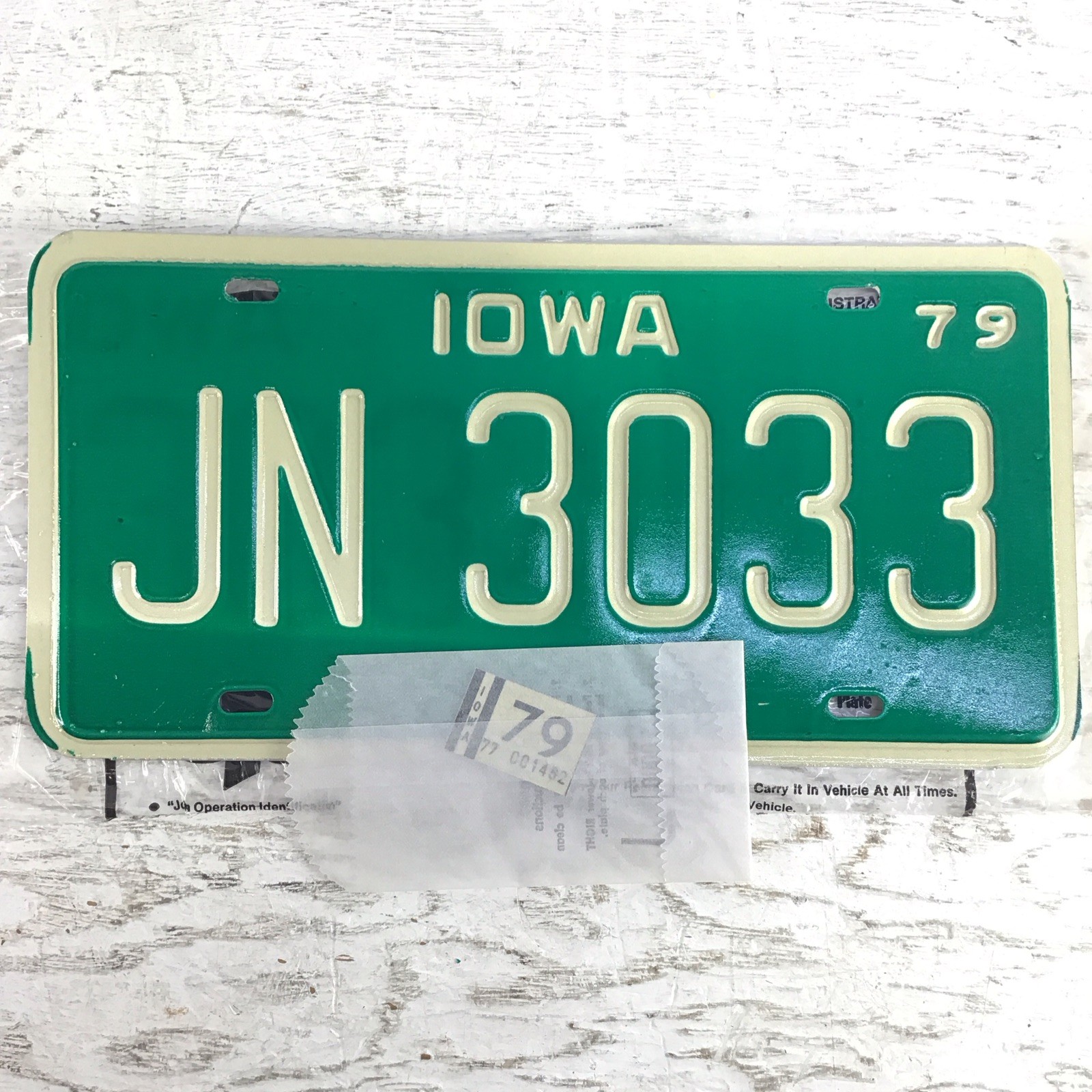 1979 Iowa Green License Plate New With Registration Tag JN 3033 1979 Iowa Green License Plate New With Registration Tag JN 3033