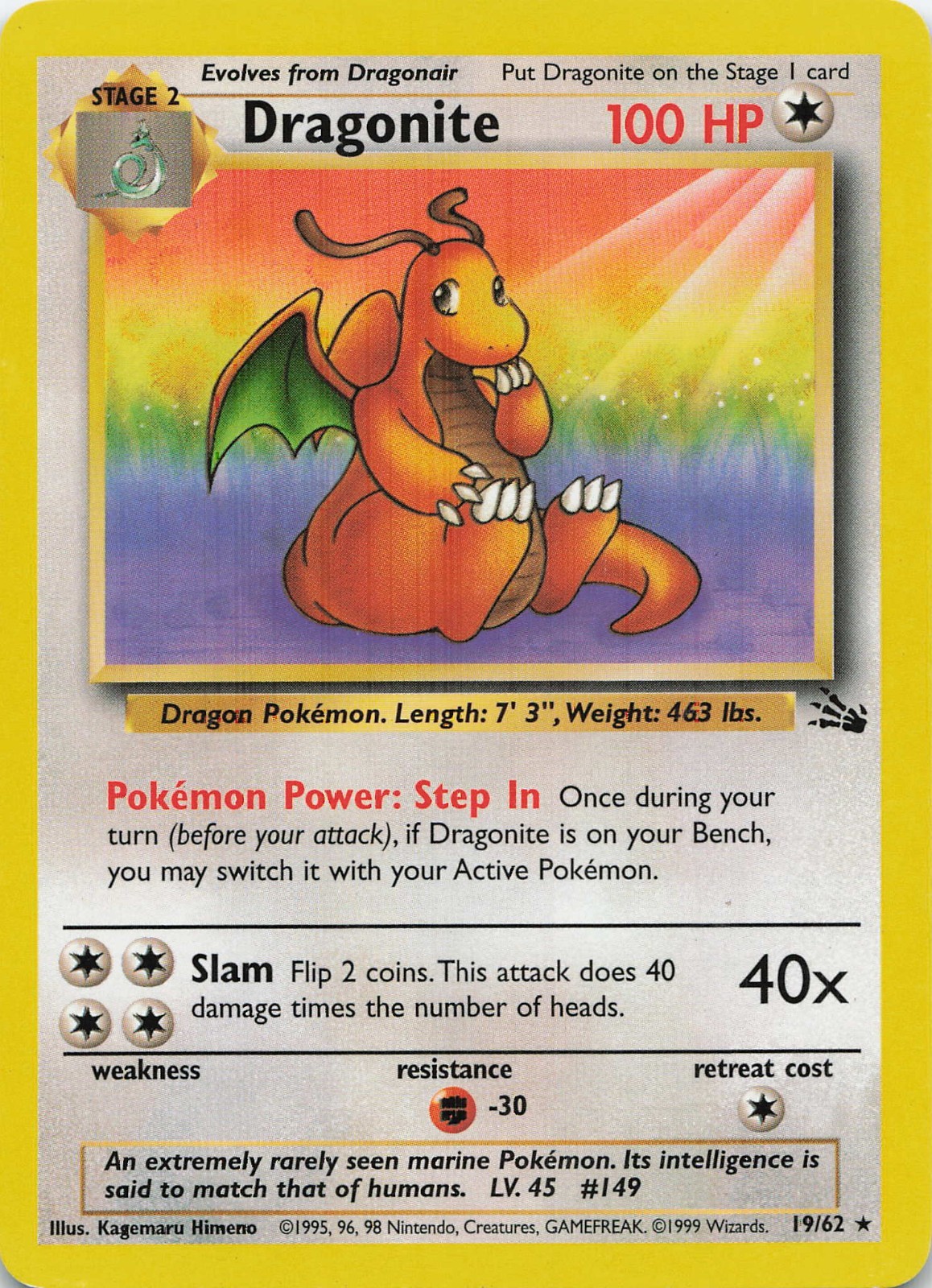 Dragonite 19/62 Fossil Non Holo Unlimited Pokemon TCG Vintage 1999 Dragonite 19/62 Fossil Non Holo Unlimited Pokemon TCG Vintage 1999