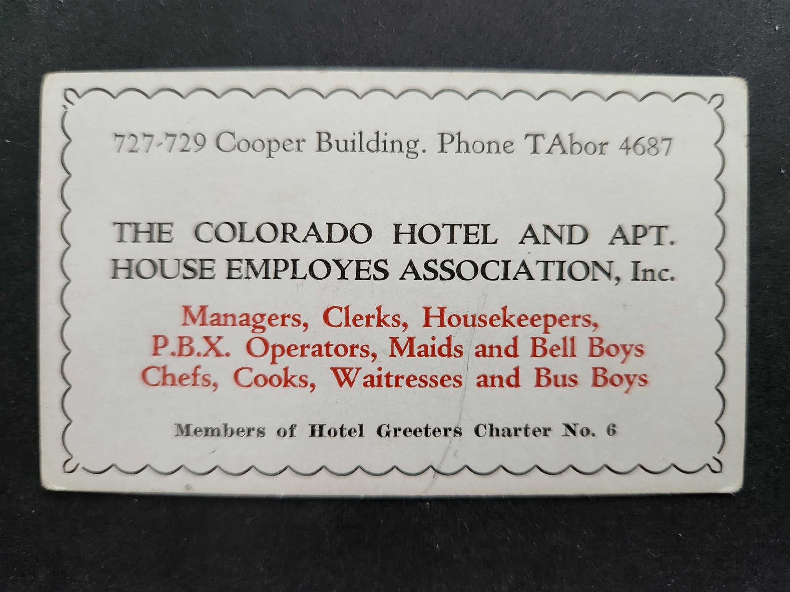 1940s vintage Colorado Hotel & Apt House Employees Assoc Card Denver Union LABOR