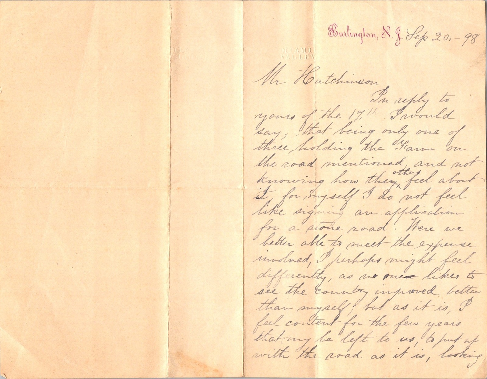 Burlington NJ 1898 Mary H Carpenter Handwritten Letter Stone Road & City of Gold