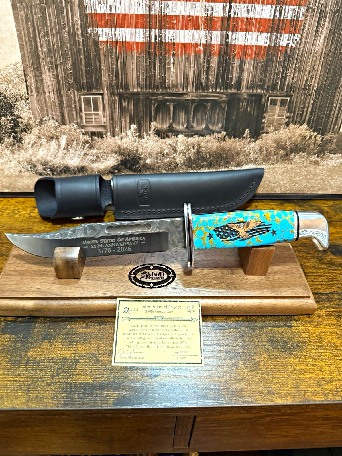 David Yellowhorse 250th Anniversary 1776-2026 Fixed Blade Knife w/ Sheath David Yellowhorse 250th Anniversary 1776-2026 Fixed Blade Knife w/ Sheath