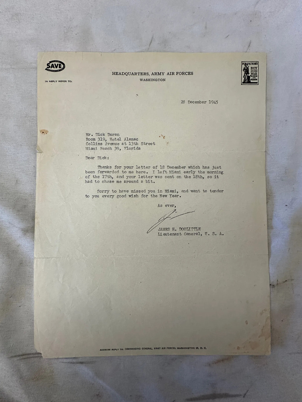 General James Doolittle US Army 1945 WW2 WWII Signed Letter General James Doolittle US Army 1945 WW2 WWII Signed Letter