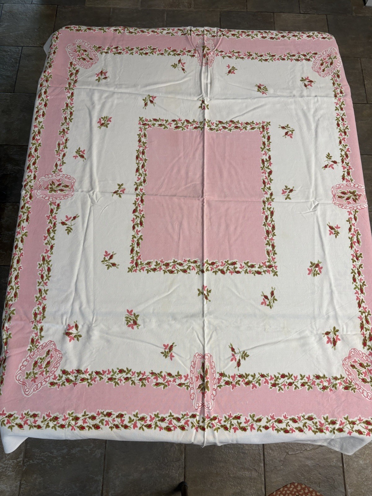 Vintage Tablecloth Pink Rose Buds Flaws Read Description Vintage Tablecloth Pink Rose Buds Flaws Read Description