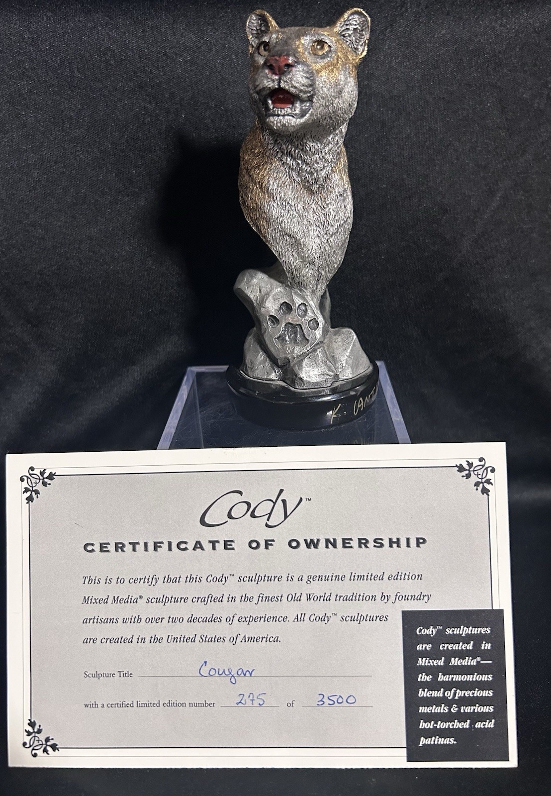 Vtg. Bronze Cougar Sculpture signed 275/3500 Legends K.Cantrell W/ Certificate Vtg. Bronze Cougar Sculpture signed 275/3500 Legends K.Cantrell W/ Certificate