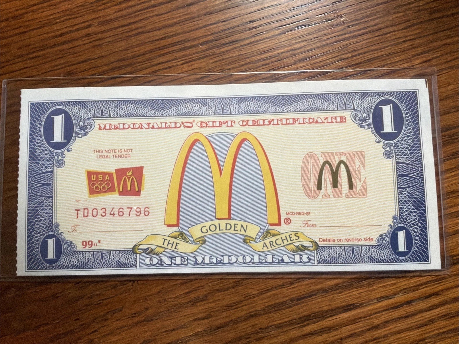 1999 McDonald’s One Dollar Gift Certificate Mint Condition (Single Certificate) 1999 McDonald’s One Dollar Gift Certificate Mint Condition (Single Certificate)