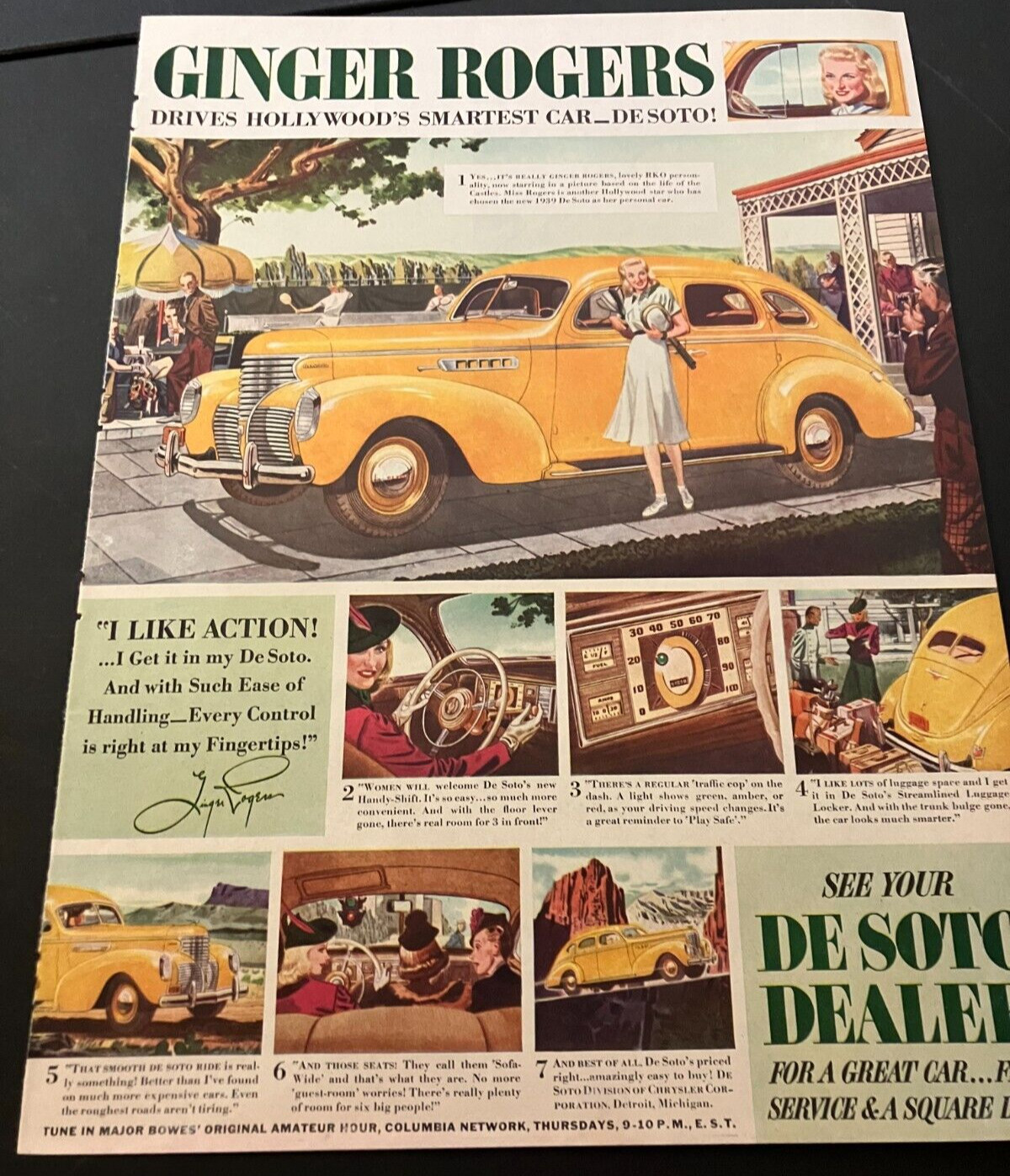 Yellow 1939 DeSoto & Ginger Rogers Playing Tennis - Vintage Print Ad / Wall Art Yellow 1939 DeSoto & Ginger Rogers Playing Tennis - Vintage Print Ad / Wall Art
