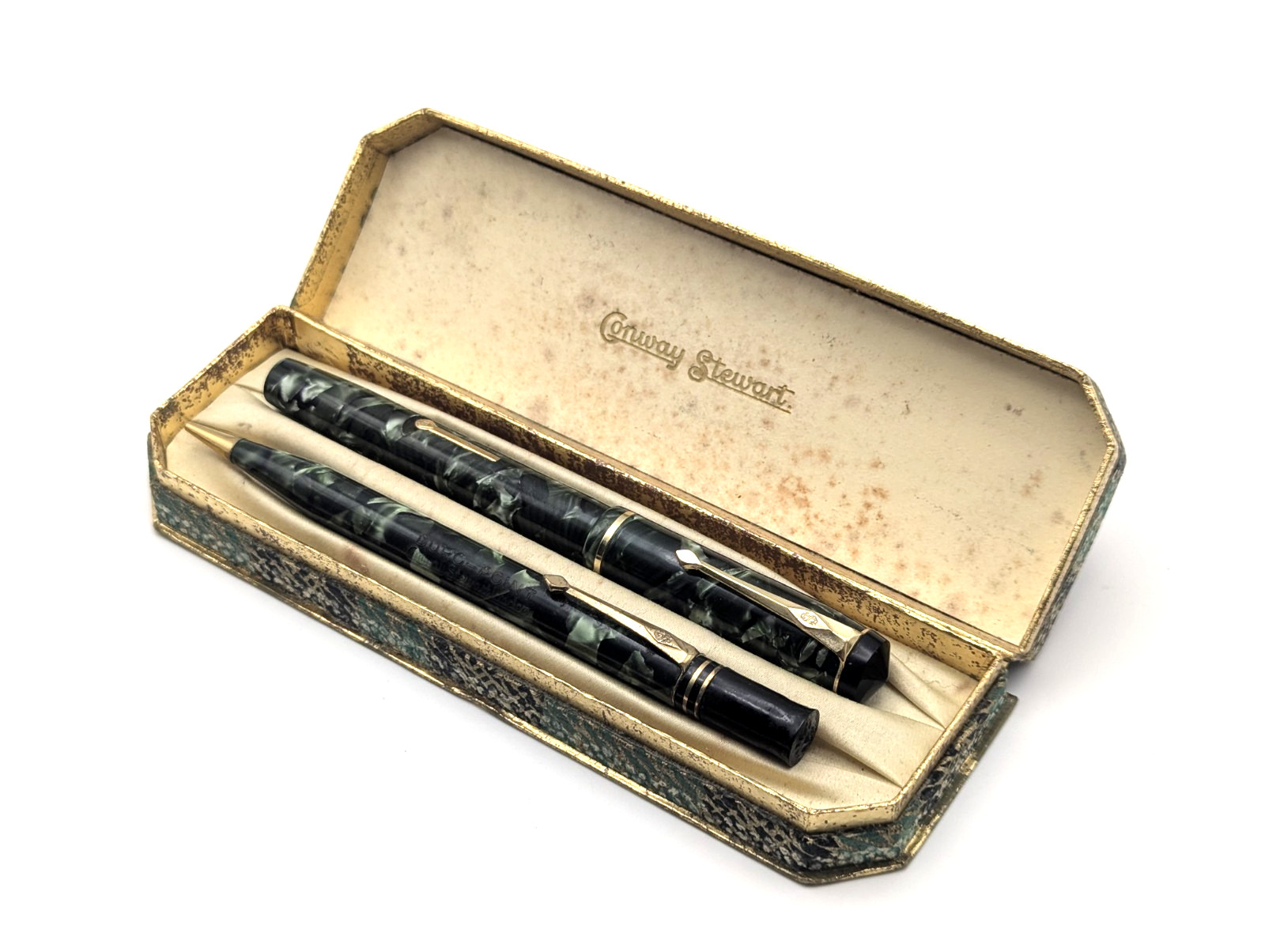 Vintage Conway Stewart 476 Universal Pen Pencil Set Green Marble 14ct Nib w/sac